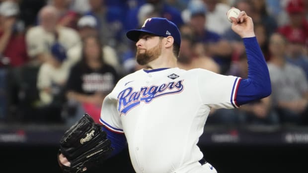 Texas Rangers starting pitcher Jordan Montgomery (52) throws a pitch against the Arizona Diamondbacks during the second inning in game two of the 2023 World Series at Globe Life Field on Oct. 28, 2023, Arlington, Texas.  